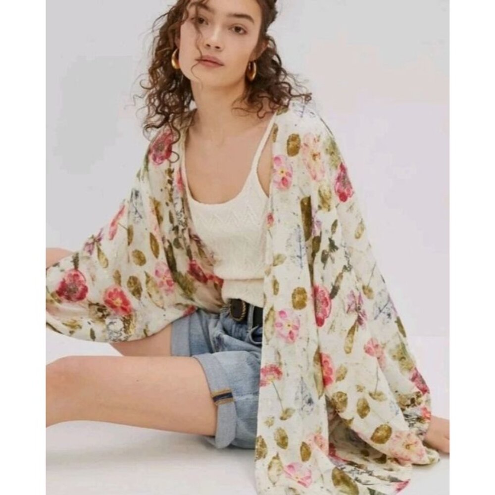 Anthropologie One Size Floral‎ Lightweight Kimono Cardigan Open Front Metallic